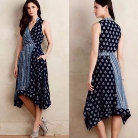 Maeve Dresses & Skirts - Anthropologie Maeve Eclipsed Faux Wrap Blue Paisley Motif Dress  Size 4 EUC